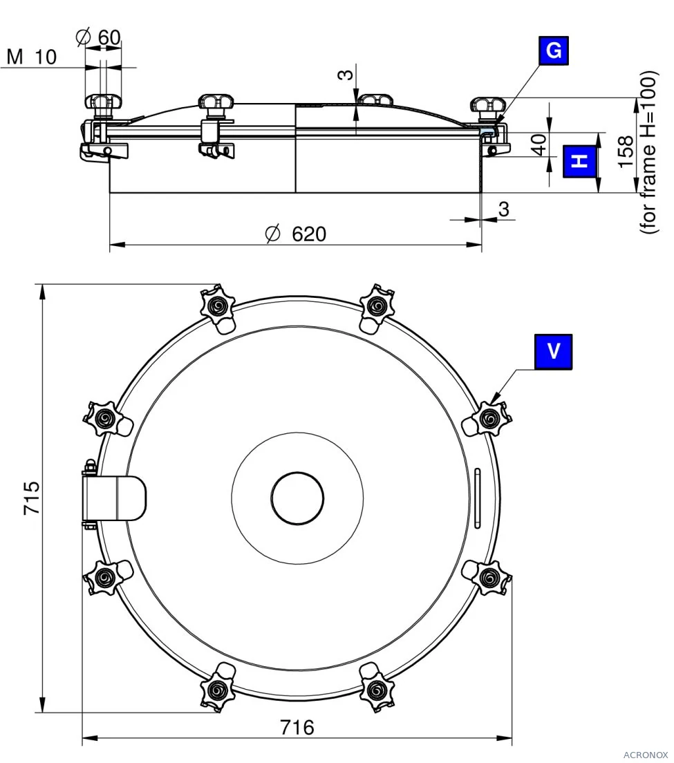 Búvónyílás felső kerek 620 mm kifelenyíló (8V/600;8V/601;8V/602; 8V/600/B;8V/601/B;8V/602/B)