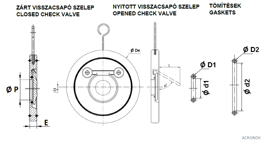 Visszacsapó szelep, billenő tárcsás, karima közé építhető, FKM, rozsdamentes, ipari