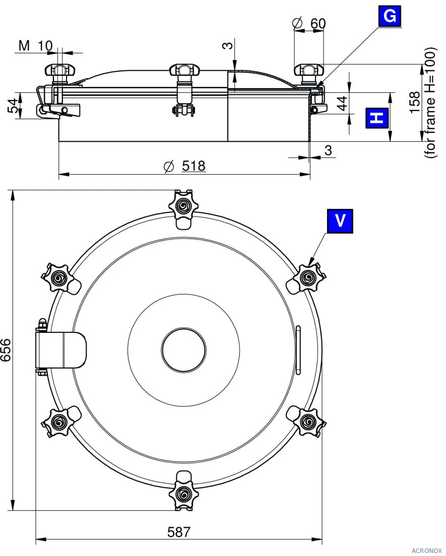 Búvónyílás felső kerek 520 mm kifelenyíló (6V/500;6V/501;6V/502; 6V/500/B;6V/501/B;6V/502/B)