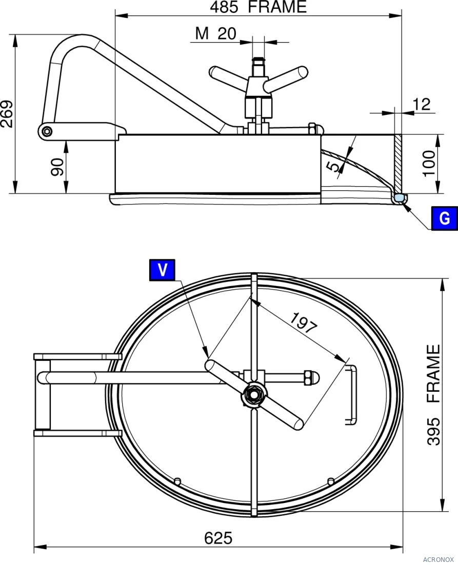 Búvónyílás alsó ovális, zsanérral 485 x 395 mm befelé nyíló (200PES)