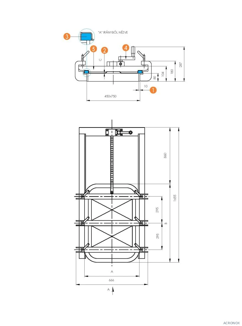 Búvónyílás négyszögletes guillotine ajtóval 430 x 730 mm (6015 E;6015 E1)