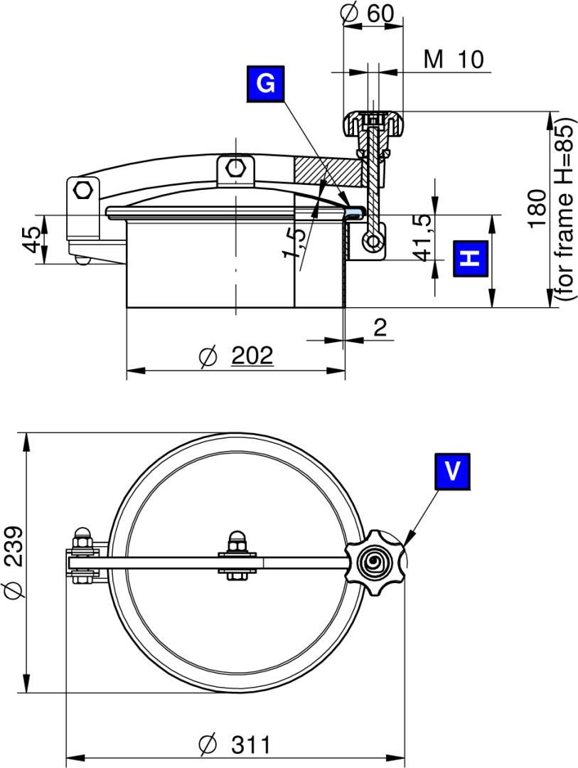 Búvónyílás felső kerek 202 mm kifelenyíló (T1/200;T1/201;T1/202;T1/200/B;T1/201/B;T1/202/B) – 1. műszaki rajz