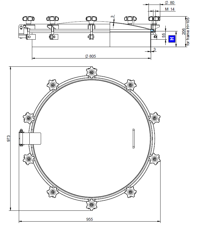 Búvónyílás felső kerek 805 mm kifelenyíló (10V/800; 10V/800/B) – 1. műszaki rajz